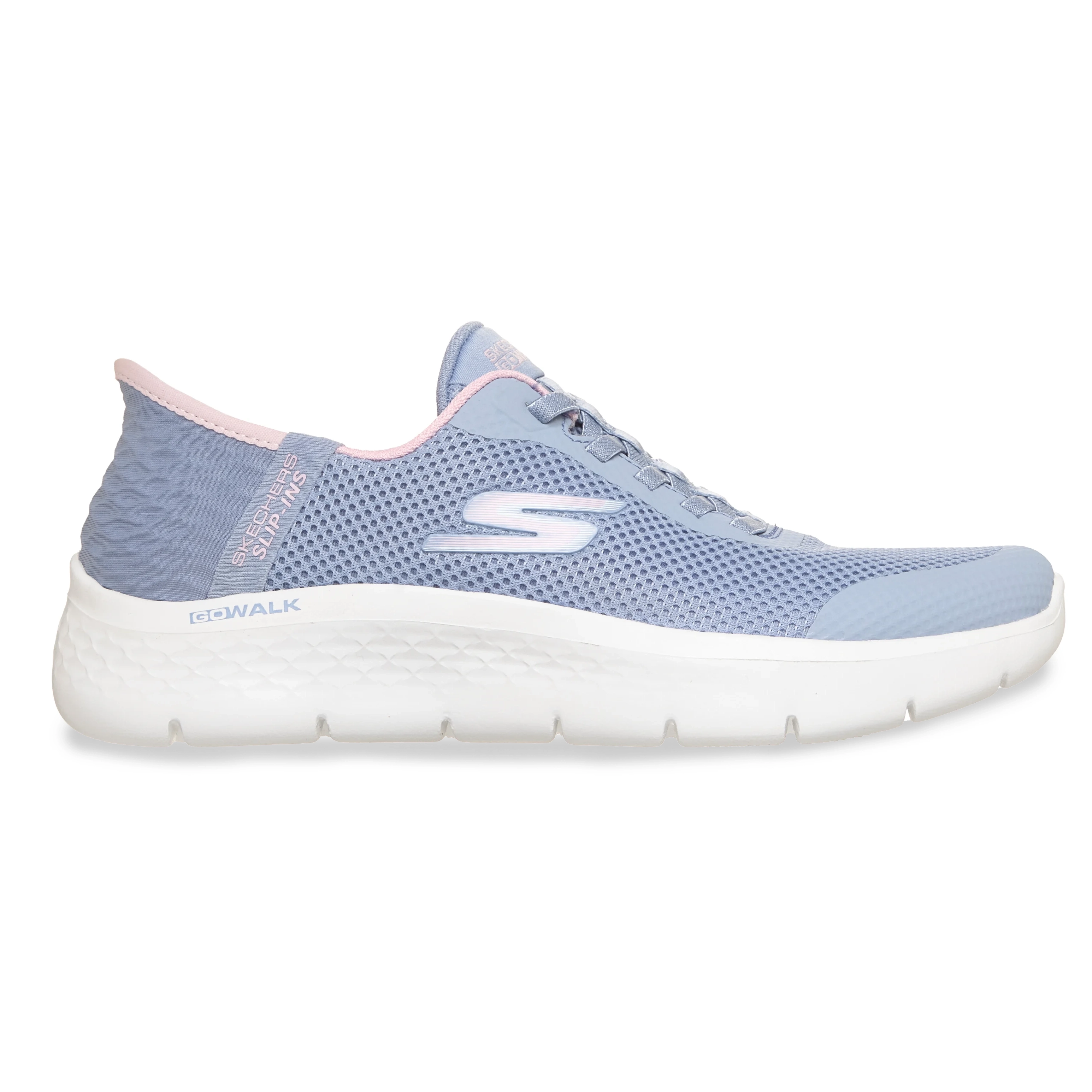 Tênis casual feminino Skechers Go Walk Flex na cor lilás com detalhes em rosa, mostrando design respirável e sola antiderrapante branca
